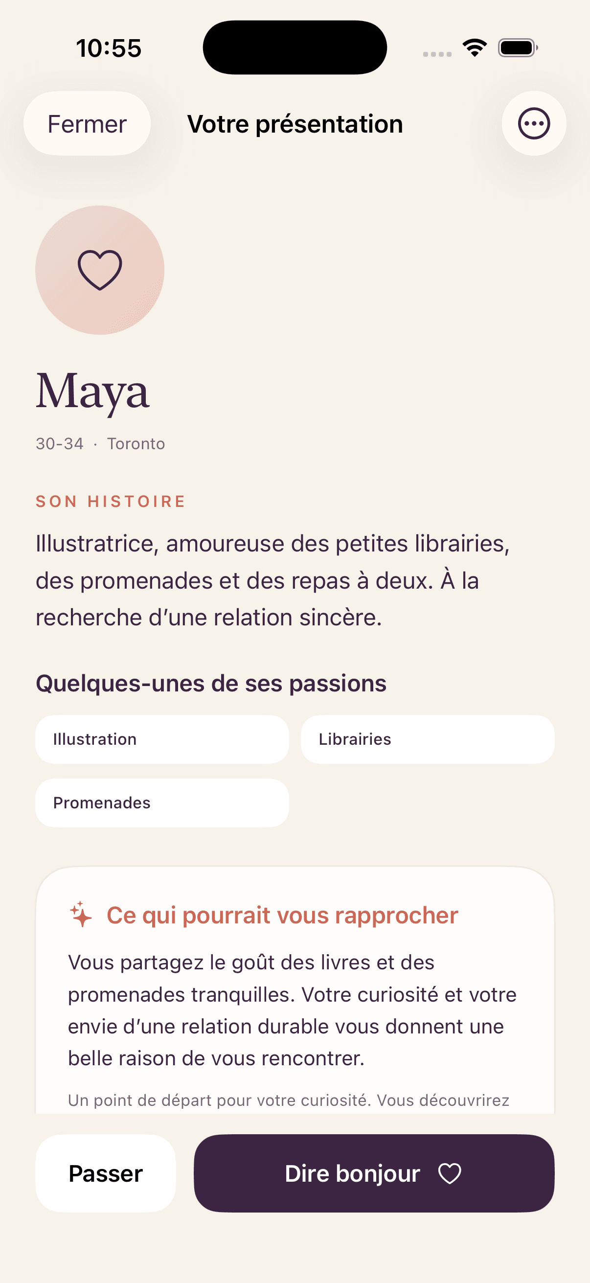 Une présentation avec une note sur pourquoi le courant pourrait passer, et les boutons Passer et Dire bonjour