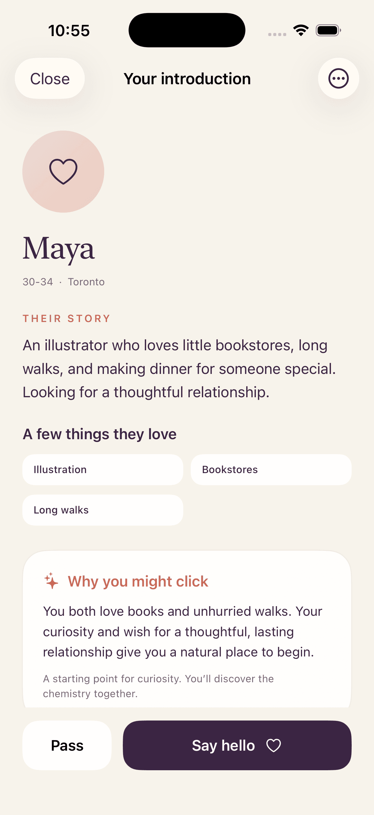 An introduction with a note on why you might click, and Pass and Say hello buttons