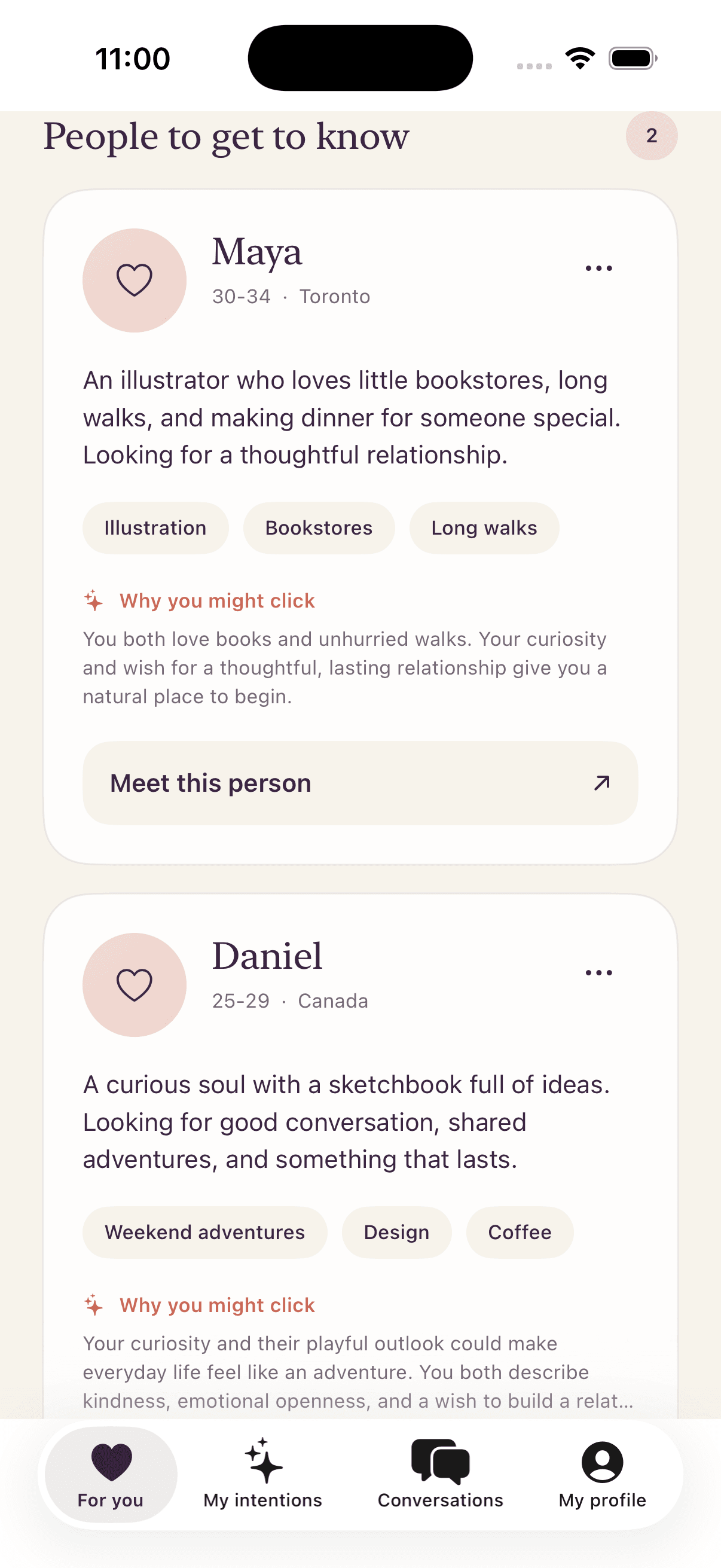 A thoughtful introduction card with interests and a note on why you might click