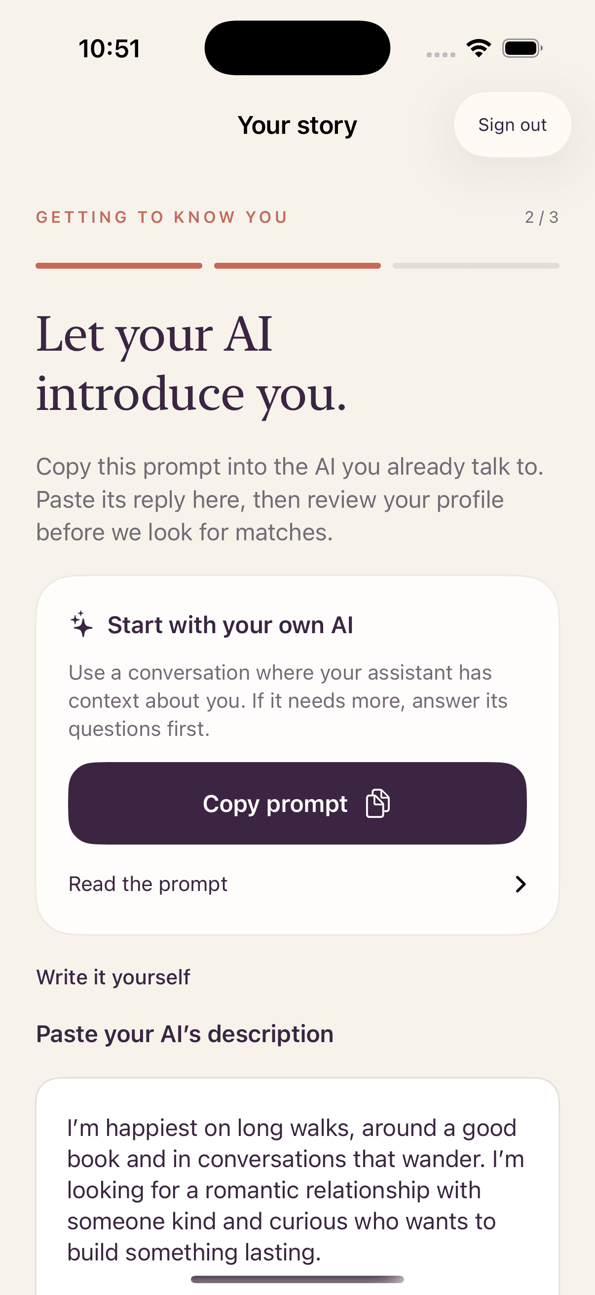 Flock Together onboarding screen asking you to paste a description from your AI